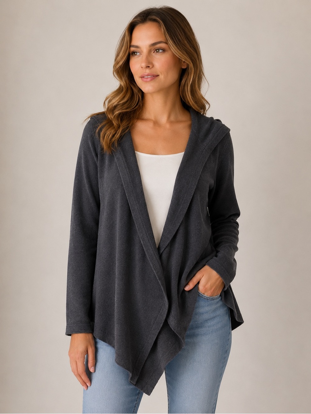 PLANET GOLD Charcoal Hooded Open-Front Draped Women's S Sweatshirt Sweater